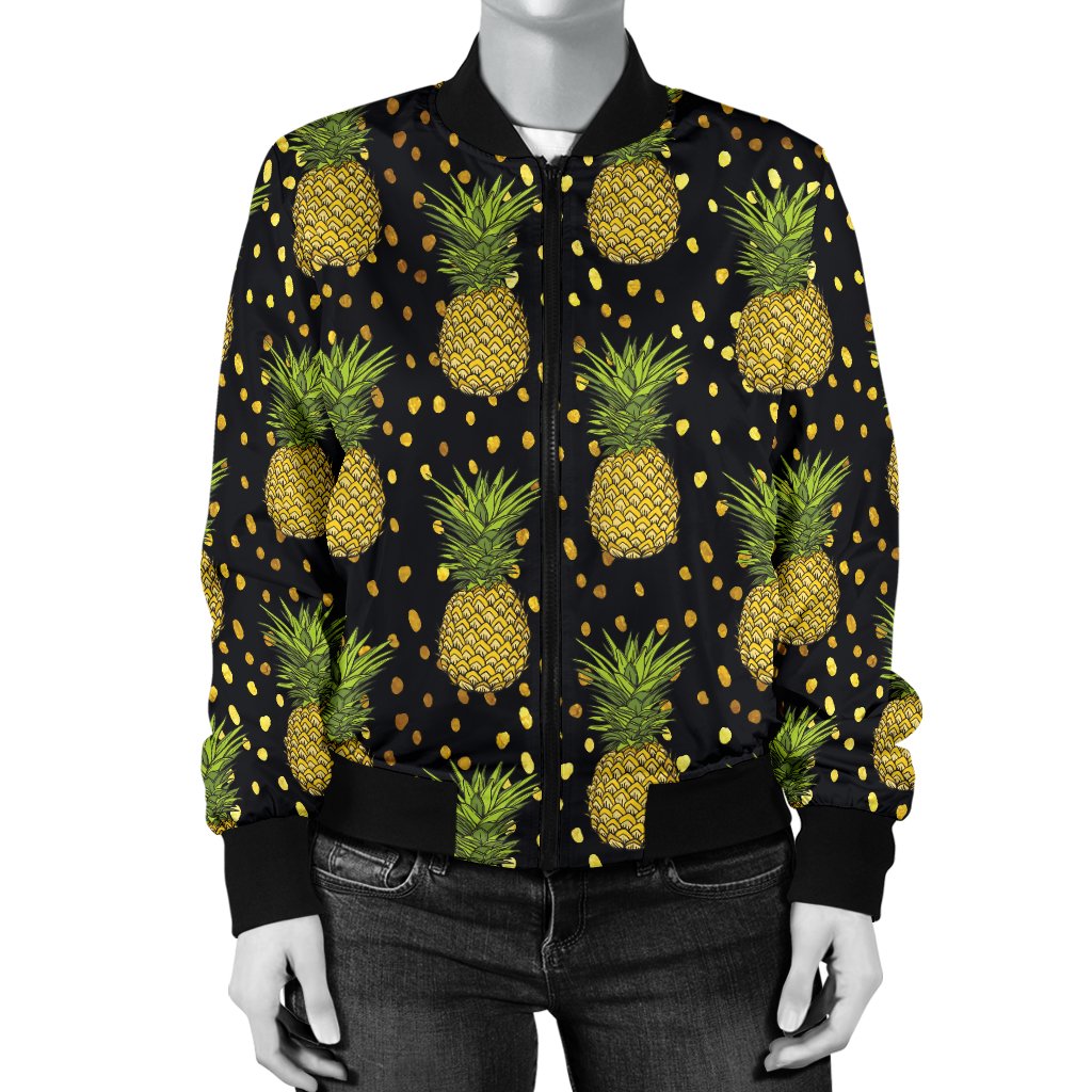 Pineapple Gold Dot Themed Print Women Casual Bomber Jacket