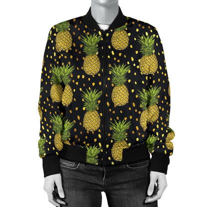 Pineapple Gold Dot Themed Print Women Casual Bomber Jacket