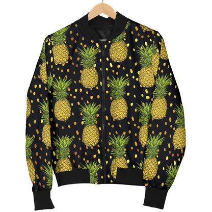 Pineapple Gold Dot Themed Print Women Casual Bomber Jacket