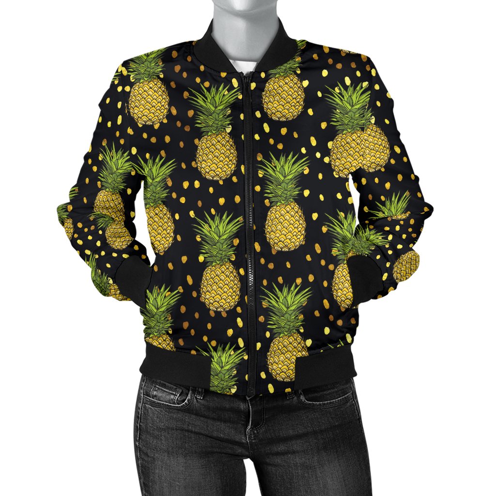 Pineapple Gold Dot Themed Print Women Casual Bomber Jacket