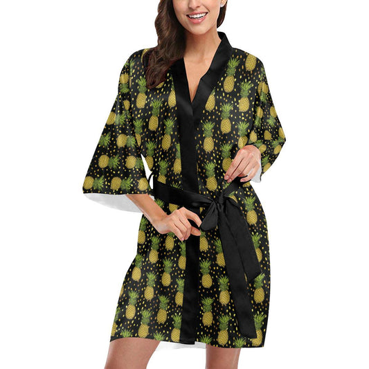 Pineapple Gold Dot Themed Print Women Short Kimono Robe