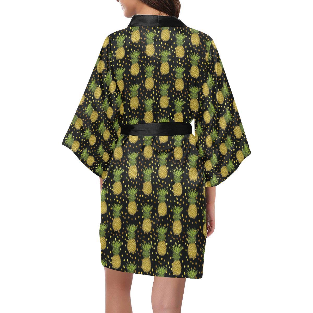 Pineapple Gold Dot Themed Print Women Short Kimono Robe