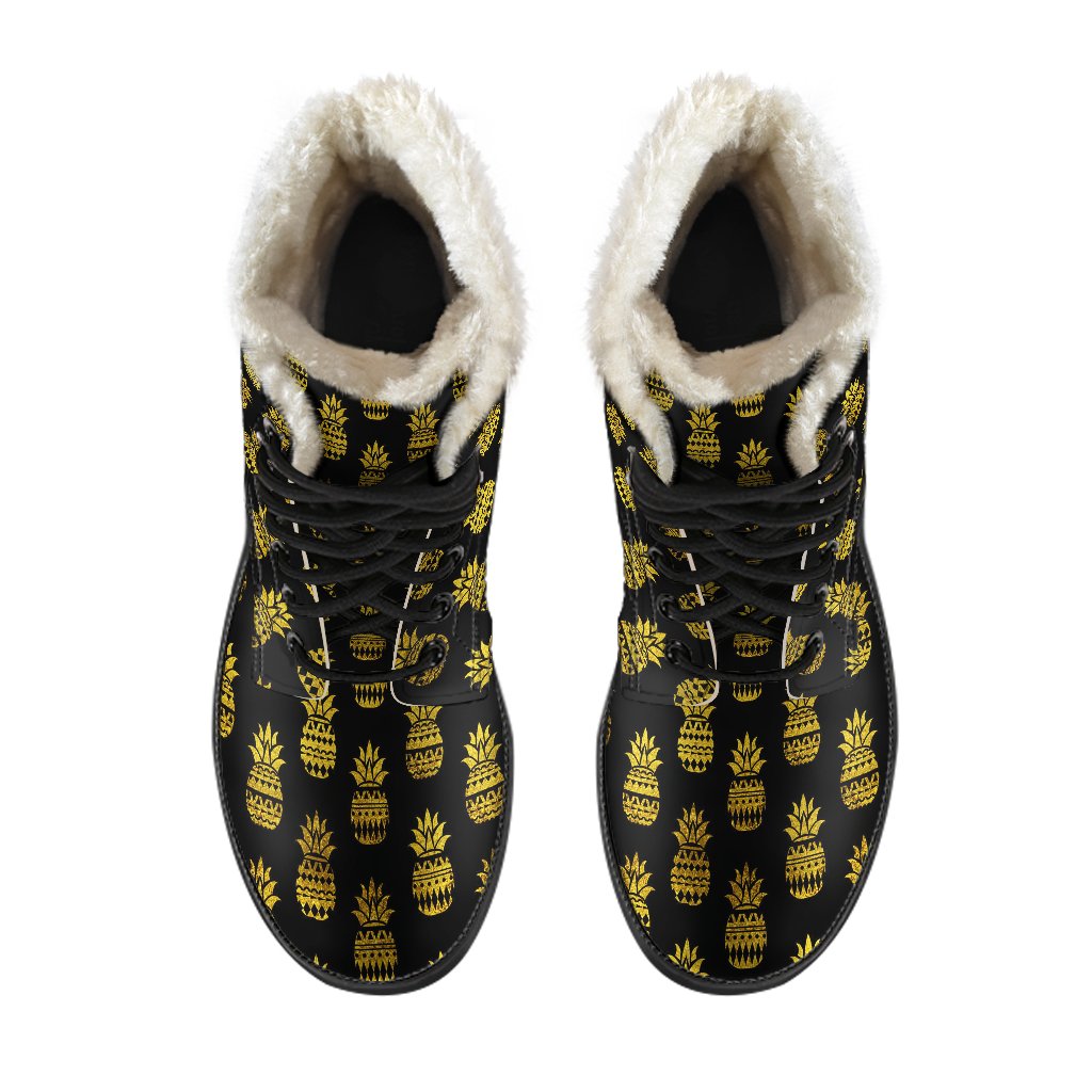 Pineapple Gold Tribal Style Print Faux Fur Leather Boots-JTAMIGO.COM