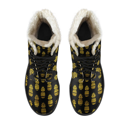 Pineapple Gold Tribal Style Print Faux Fur Leather Boots-JTAMIGO.COM