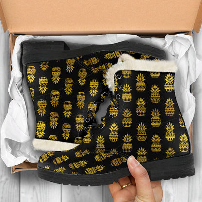 Pineapple Gold Tribal Style Print Faux Fur Leather Boots-JTAMIGO.COM