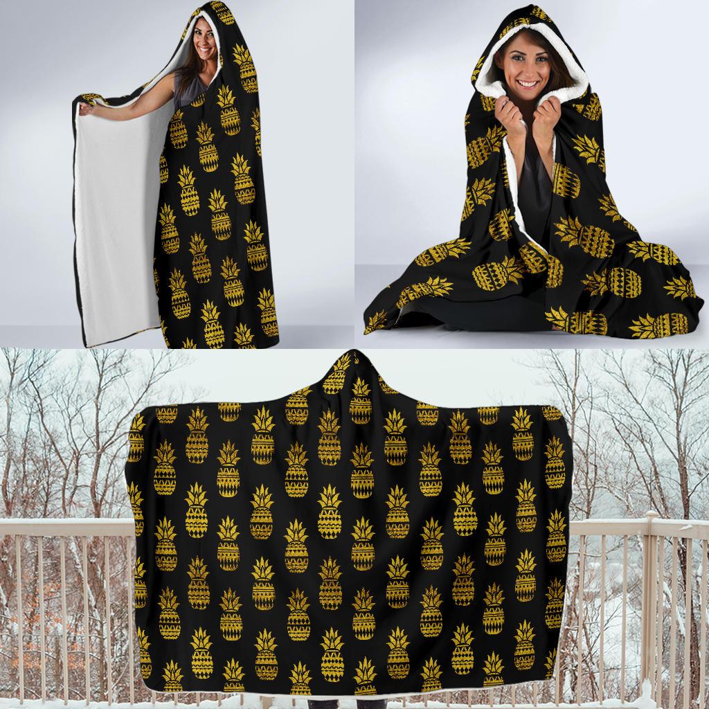 Pineapple Gold Tribal Style Print Hooded Blanket-JTAMIGO.COM
