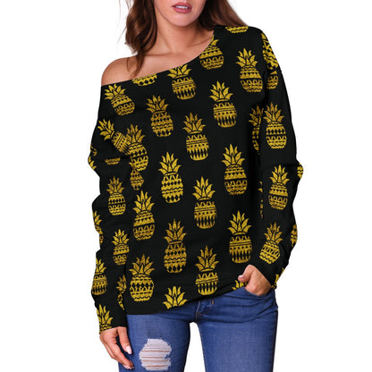 Pineapple Gold Tribal Style Print Off Shoulder Sweatshirt