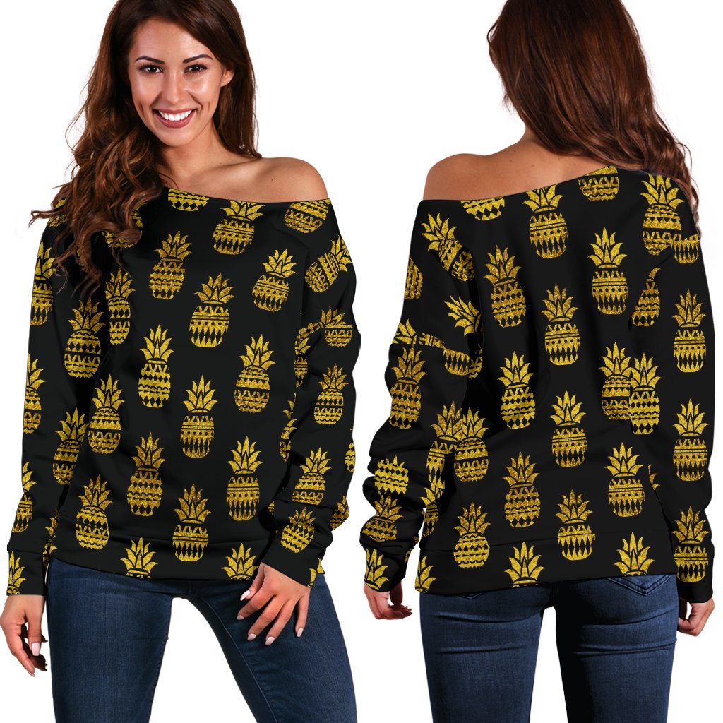Pineapple Gold Tribal Style Print Off Shoulder Sweatshirt