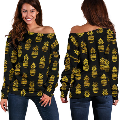Pineapple Gold Tribal Style Print Off Shoulder Sweatshirt