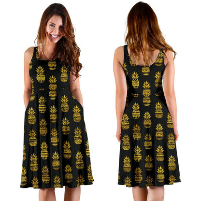 Pineapple Gold Tribal Style Print Sleeveless Dress