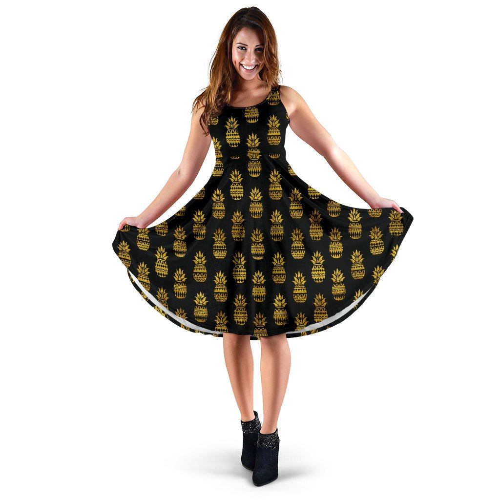 Pineapple Gold Tribal Style Print Sleeveless Dress
