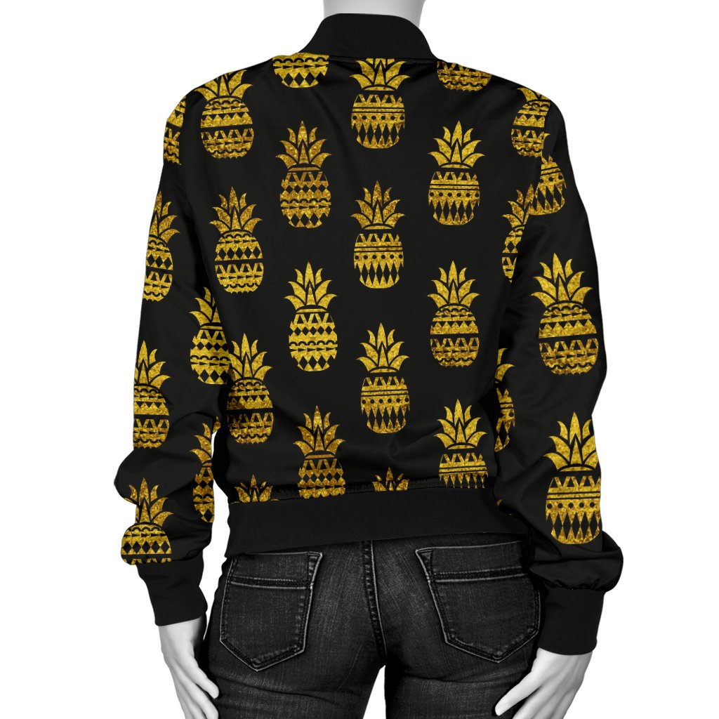 Pineapple Gold Tribal Style Print Women Casual Bomber Jacket