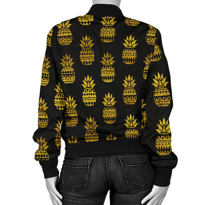 Pineapple Gold Tribal Style Print Women Casual Bomber Jacket