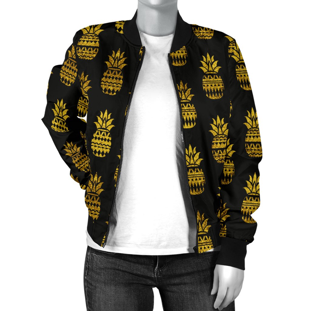 Pineapple Gold Tribal Style Print Women Casual Bomber Jacket