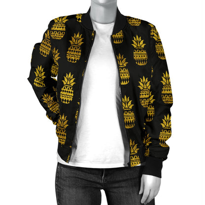 Pineapple Gold Tribal Style Print Women Casual Bomber Jacket