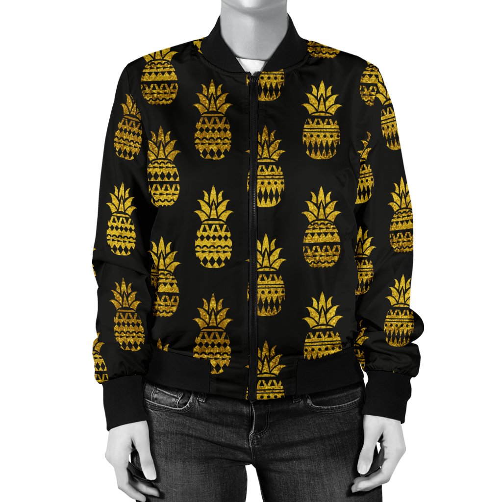 Pineapple Gold Tribal Style Print Women Casual Bomber Jacket