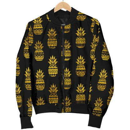 Pineapple Gold Tribal Style Print Women Casual Bomber Jacket