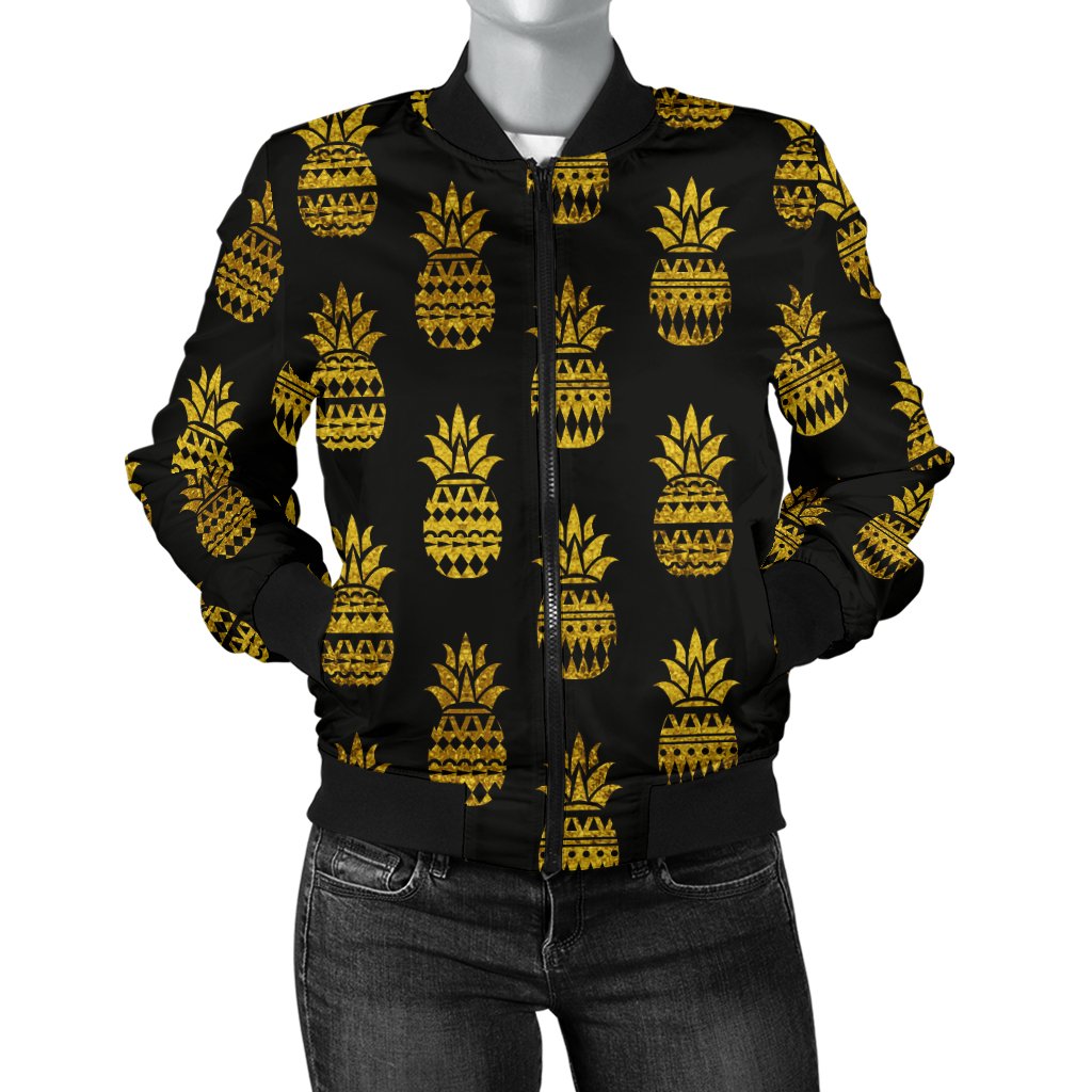 Pineapple Gold Tribal Style Print Women Casual Bomber Jacket