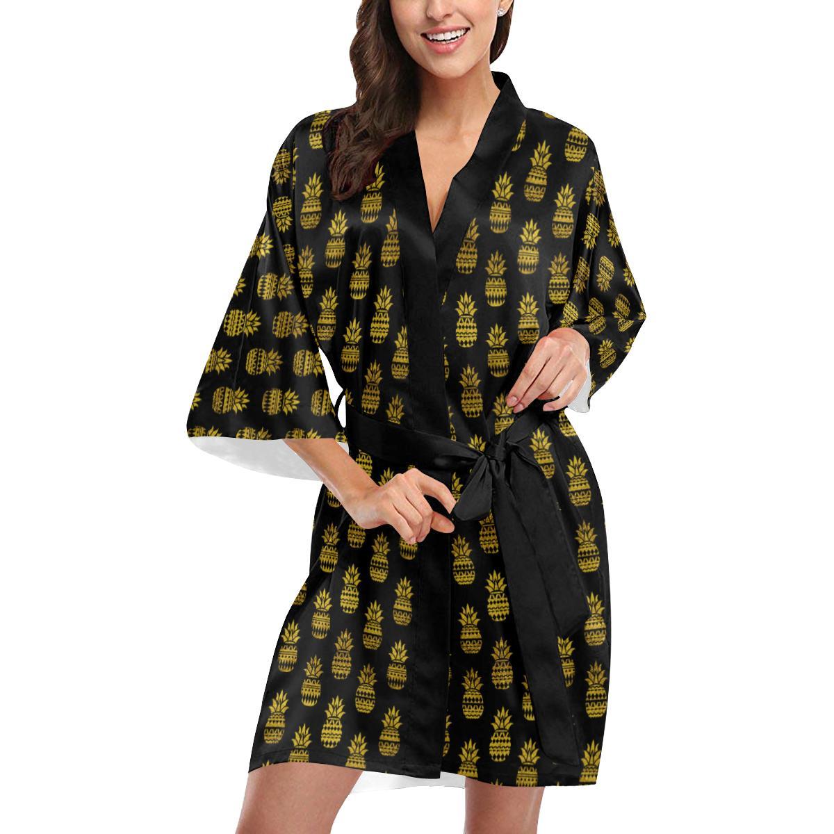 Pineapple Gold Tribal Style Print Women Short Kimono Robe
