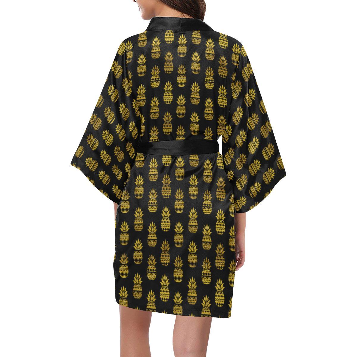 Pineapple Gold Tribal Style Print Women Short Kimono Robe