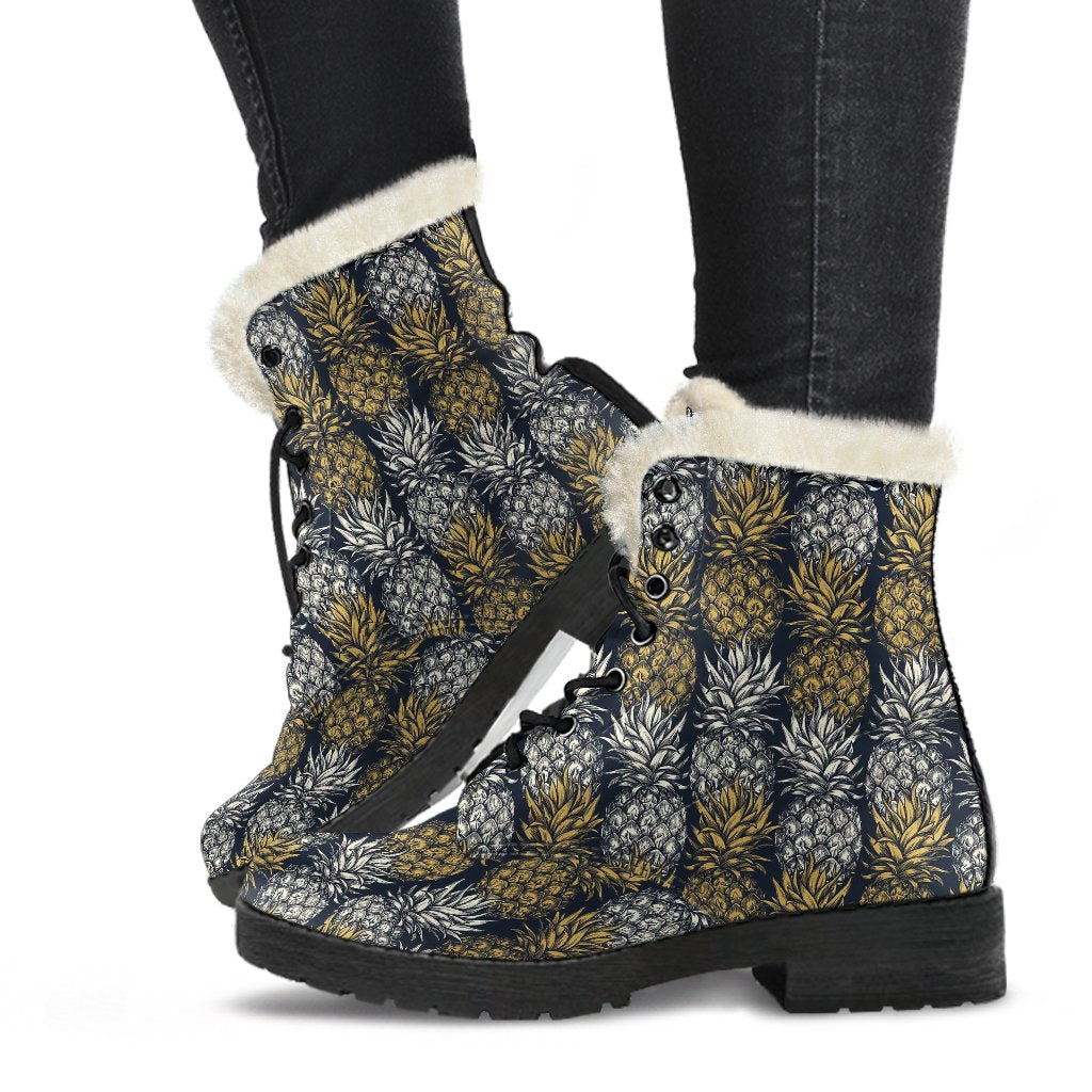 Pineapple Print Design Pattern Faux Fur Leather Boots-JTAMIGO.COM