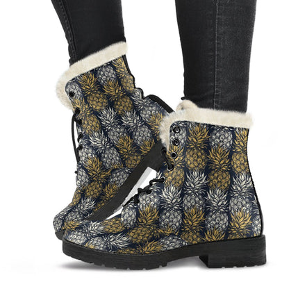 Pineapple Print Design Pattern Faux Fur Leather Boots-JTAMIGO.COM