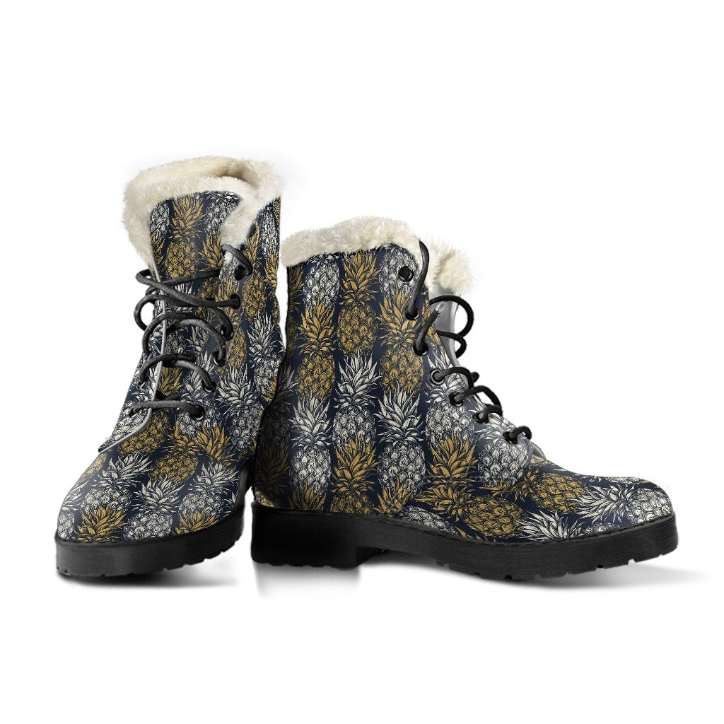Pineapple Print Design Pattern Faux Fur Leather Boots-JTAMIGO.COM