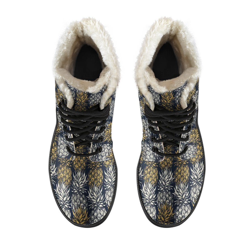 Pineapple Print Design Pattern Faux Fur Leather Boots-JTAMIGO.COM