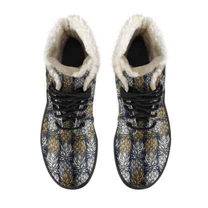 Pineapple Print Design Pattern Faux Fur Leather Boots-JTAMIGO.COM