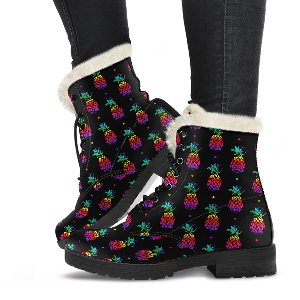 Pineapple Rainbow Dot Print Faux Fur Leather Boots-JTAMIGO.COM