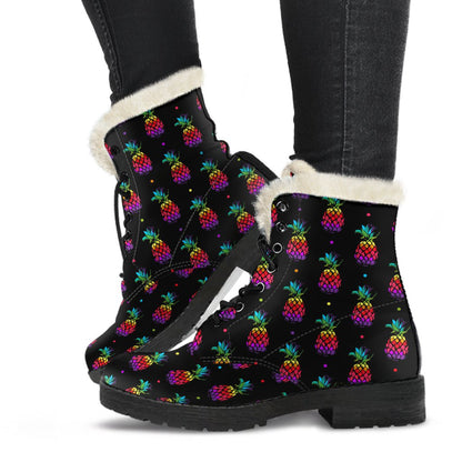 Pineapple Rainbow Dot Print Faux Fur Leather Boots-JTAMIGO.COM