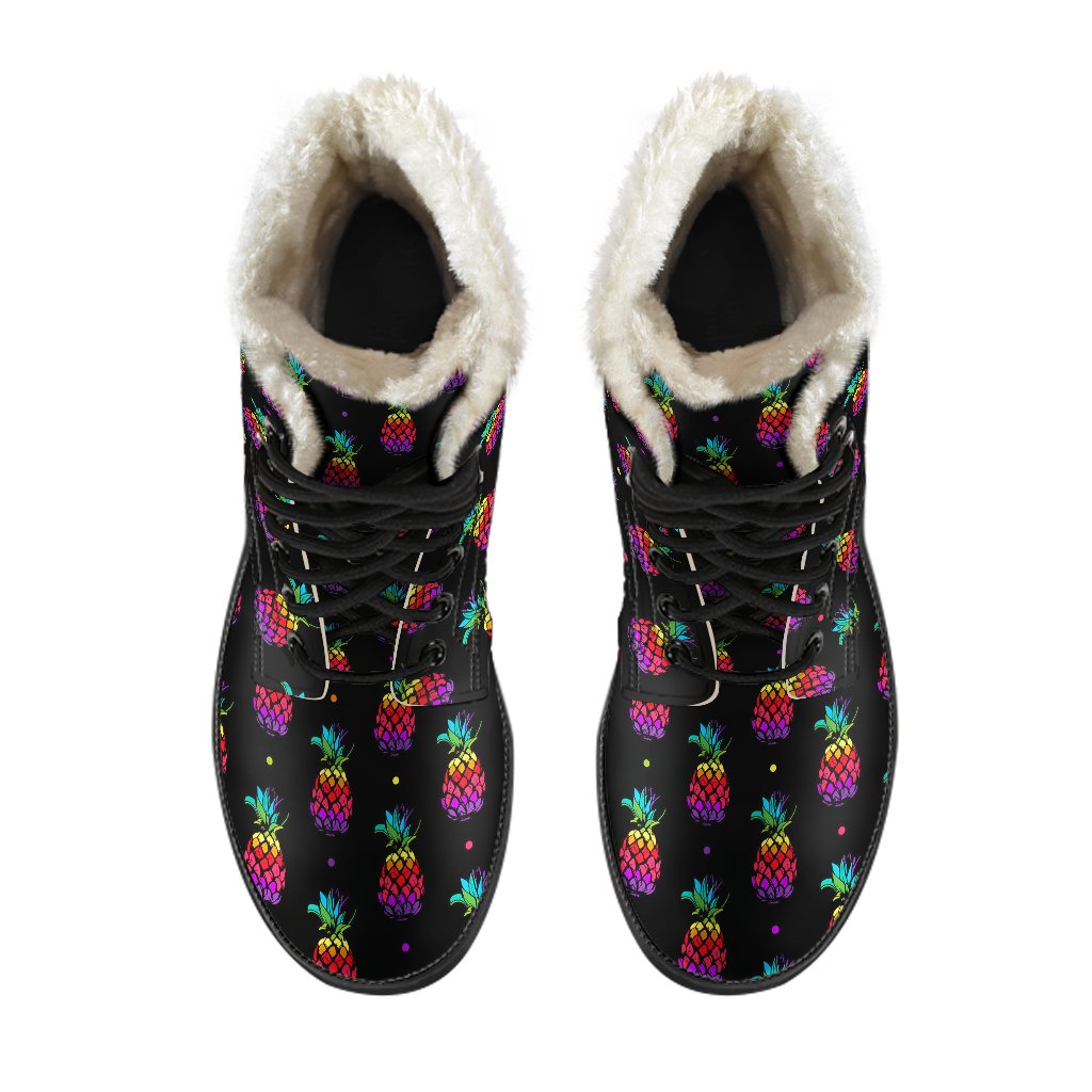 Pineapple Rainbow Dot Print Faux Fur Leather Boots-JTAMIGO.COM