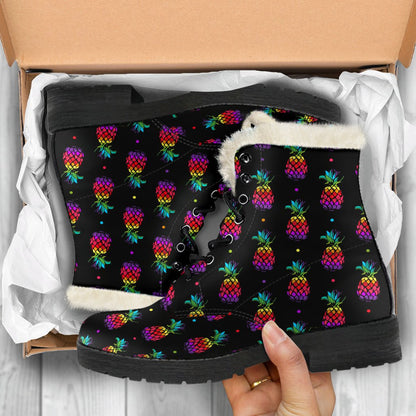 Pineapple Rainbow Dot Print Faux Fur Leather Boots-JTAMIGO.COM
