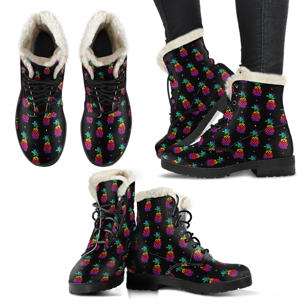Pineapple Rainbow Dot Print Faux Fur Leather Boots-JTAMIGO.COM
