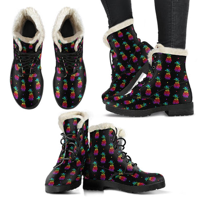 Pineapple Rainbow Dot Print Faux Fur Leather Boots-JTAMIGO.COM