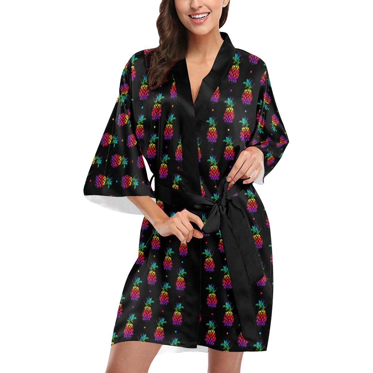 Pineapple Rainbow Dot Print Women Short Kimono Robe