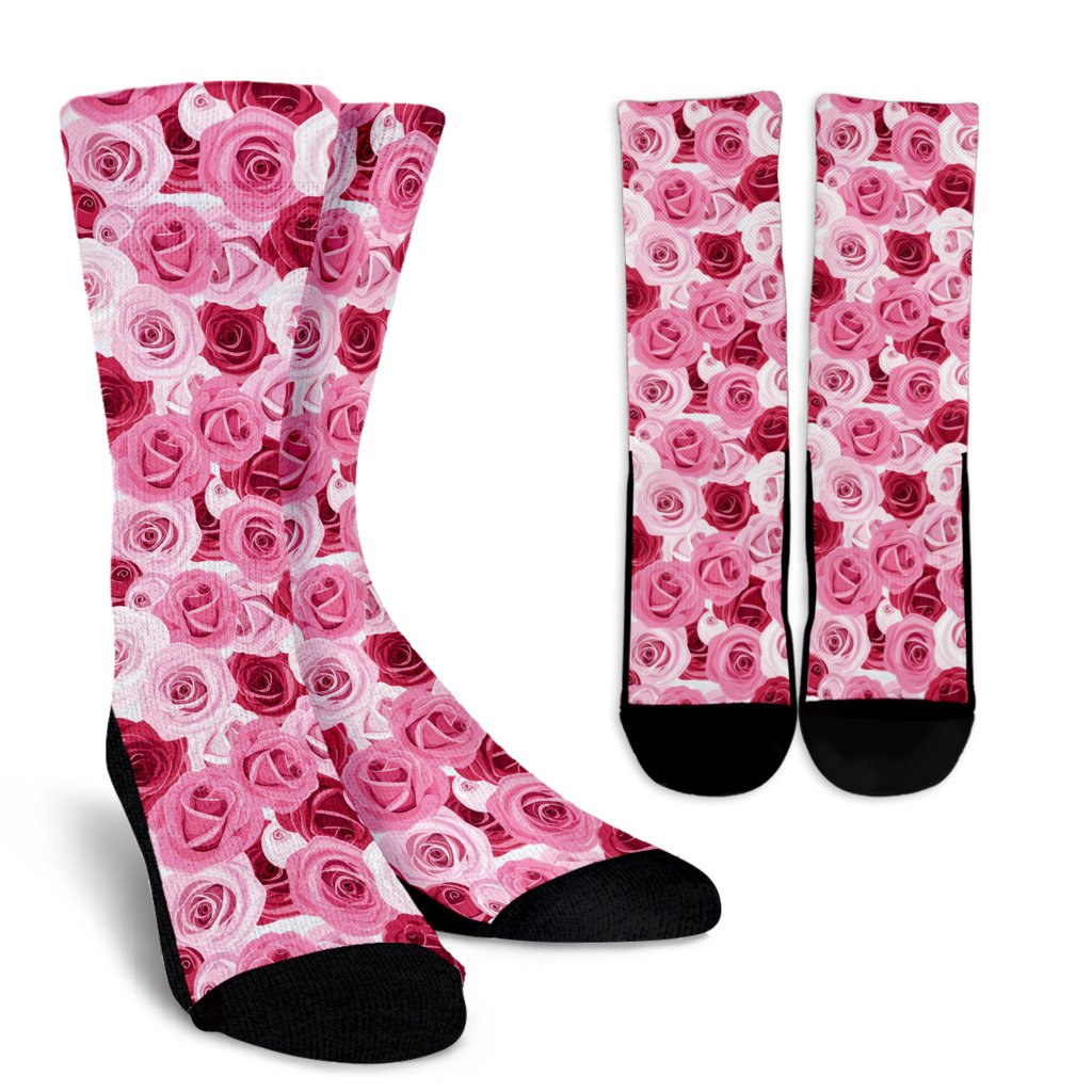 Pink Red Rose Pattern Print Crew Socks