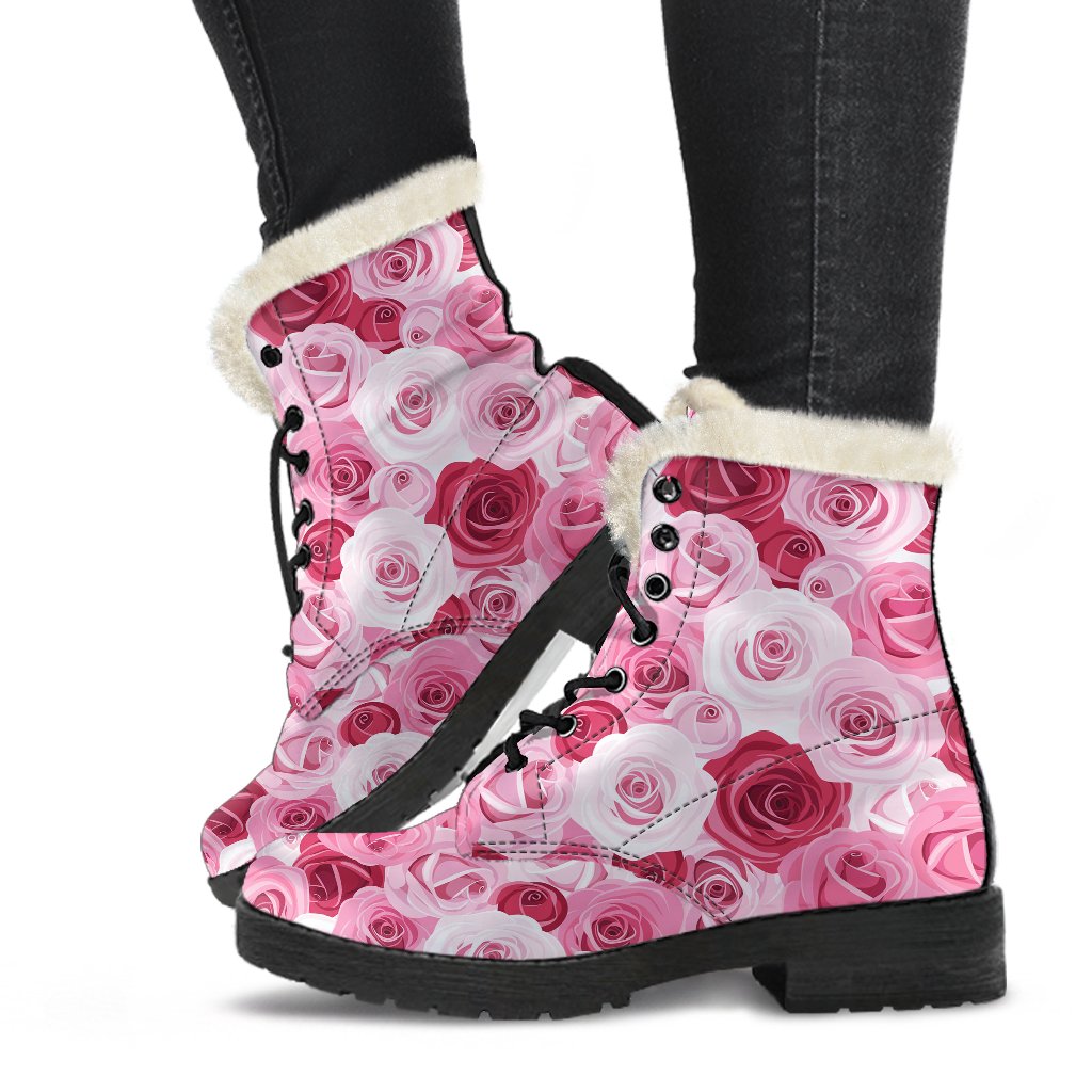 Pink Red Rose Pattern Print Faux Fur Leather Boots-JTAMIGO.COM