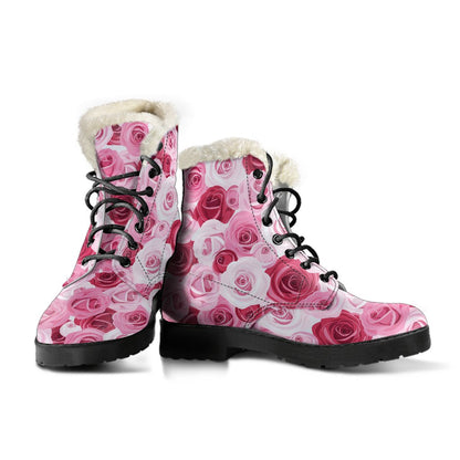 Pink Red Rose Pattern Print Faux Fur Leather Boots-JTAMIGO.COM