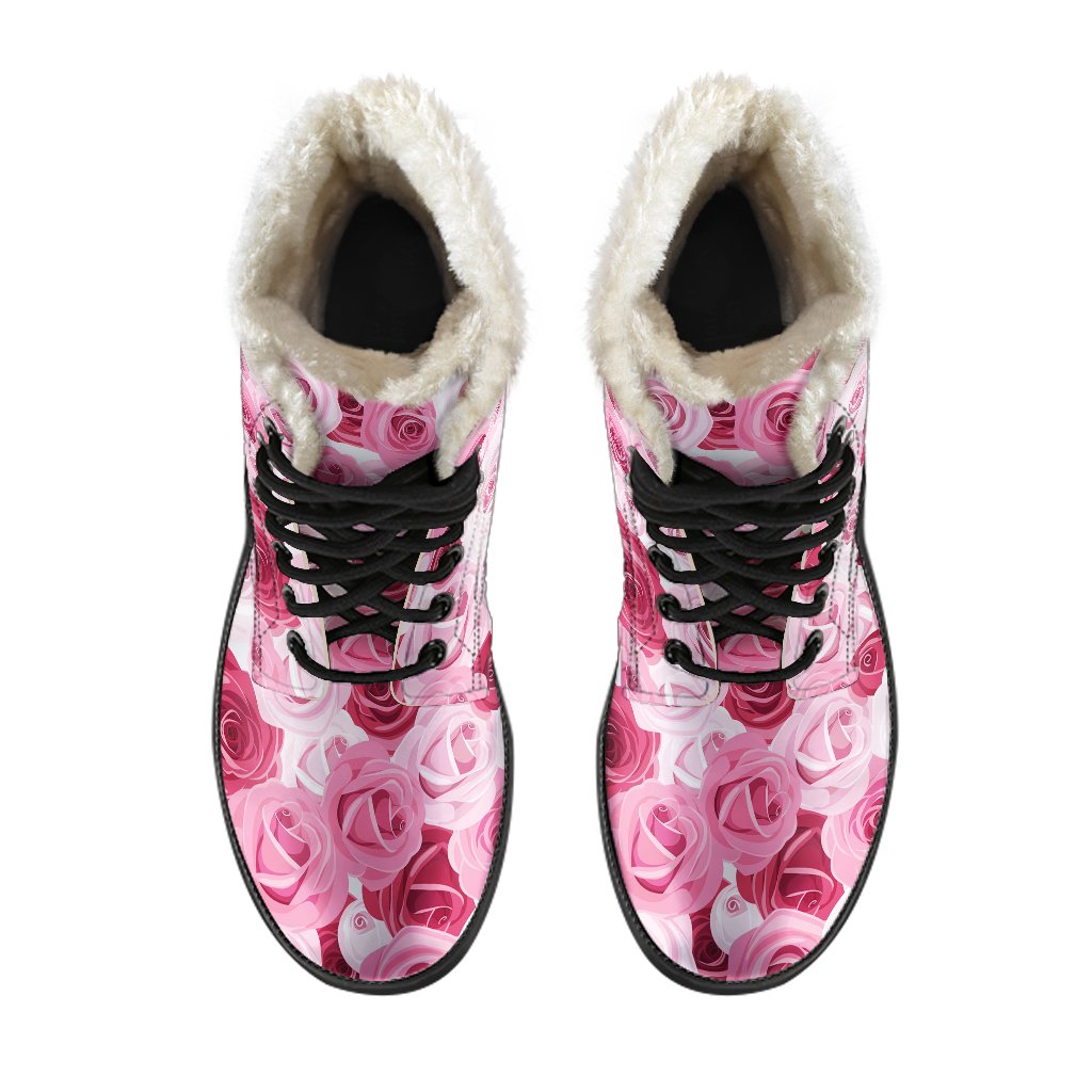 Pink Red Rose Pattern Print Faux Fur Leather Boots-JTAMIGO.COM