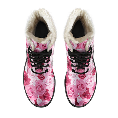 Pink Red Rose Pattern Print Faux Fur Leather Boots-JTAMIGO.COM
