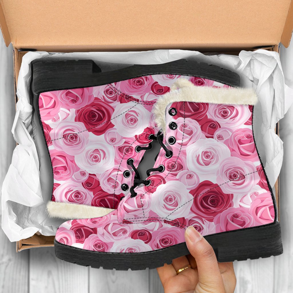 Pink Red Rose Pattern Print Faux Fur Leather Boots-JTAMIGO.COM