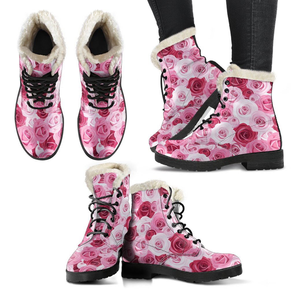 Pink Red Rose Pattern Print Faux Fur Leather Boots-JTAMIGO.COM