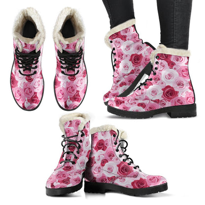 Pink Red Rose Pattern Print Faux Fur Leather Boots-JTAMIGO.COM