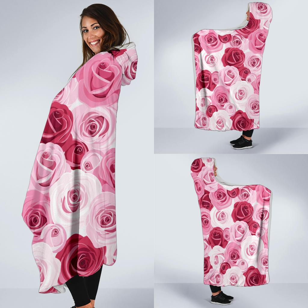 Pink Red Rose Pattern Print Hooded Blanket-JTAMIGO.COM