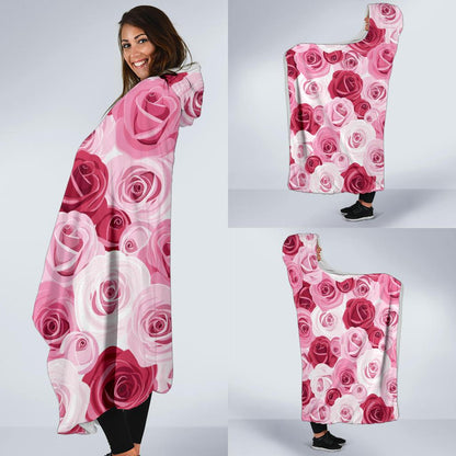 Pink Red Rose Pattern Print Hooded Blanket-JTAMIGO.COM