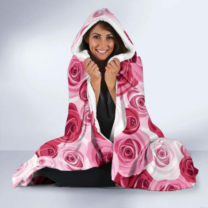 Pink Red Rose Pattern Print Hooded Blanket-JTAMIGO.COM