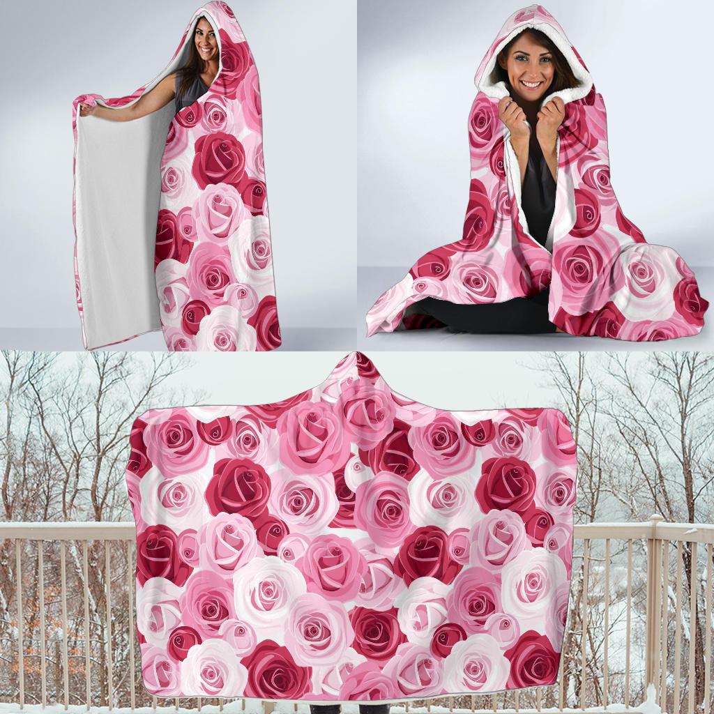 Pink Red Rose Pattern Print Hooded Blanket-JTAMIGO.COM