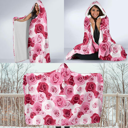 Pink Red Rose Pattern Print Hooded Blanket-JTAMIGO.COM