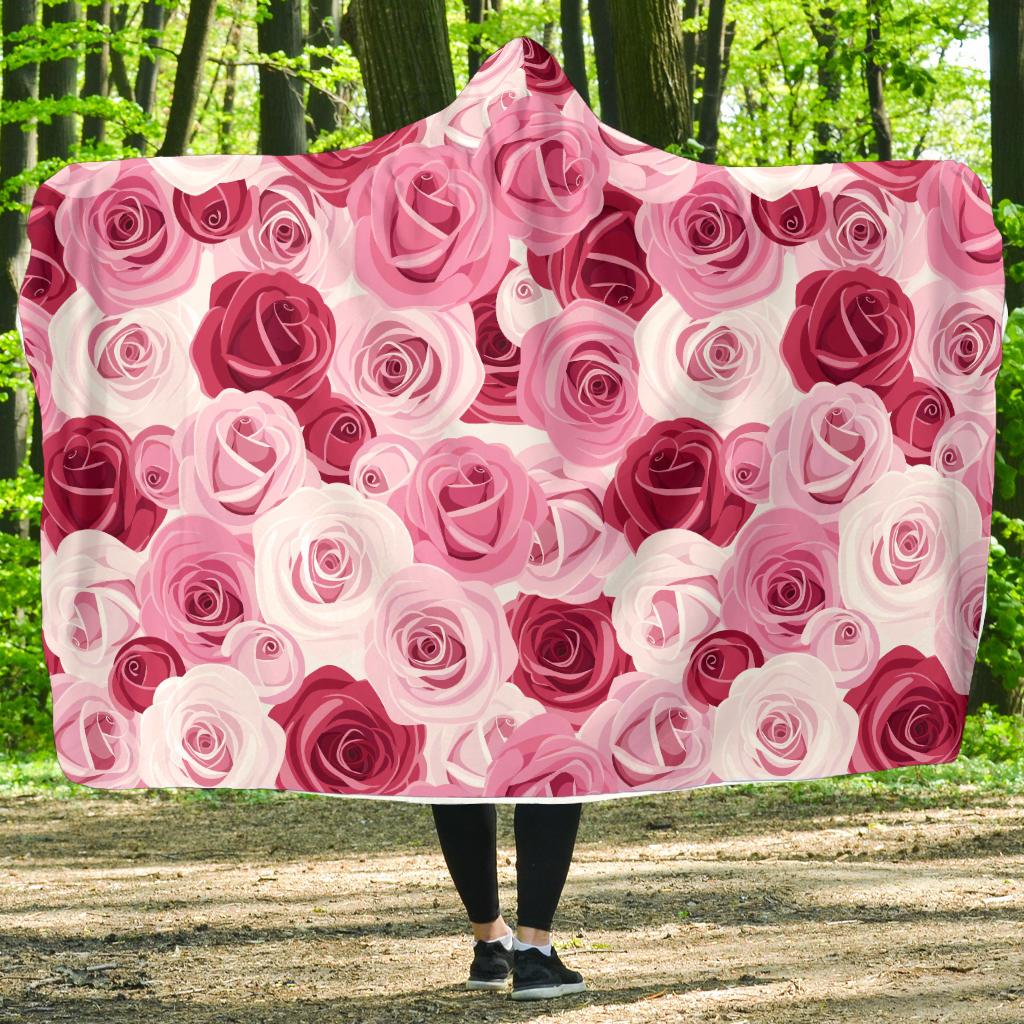 Pink Red Rose Pattern Print Hooded Blanket-JTAMIGO.COM